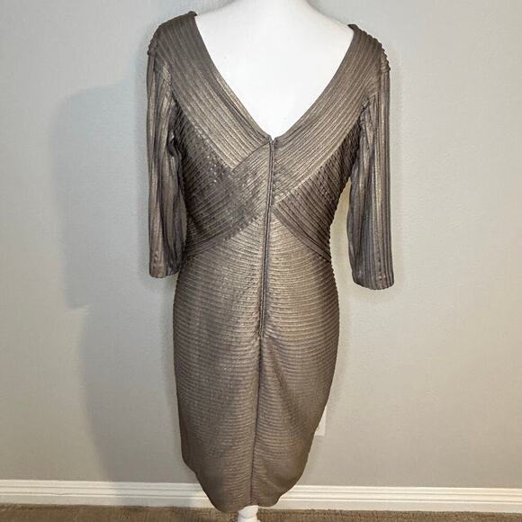 Tadashi Shoji bronze metallic criss cross v-neck 3/4 sleeve lined dress size L - Picture 3 of 9